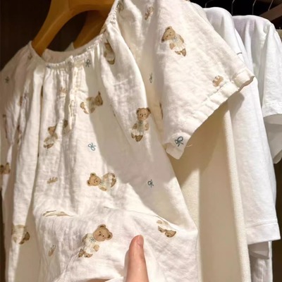 A类全棉100%纯棉婴儿双层纱布睡衣女2025夏季新款短袖家居服套装