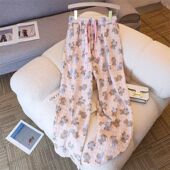 高腰显瘦休闲直筒裤 卡通小熊格子松紧腰阔腿裤 子女夏季