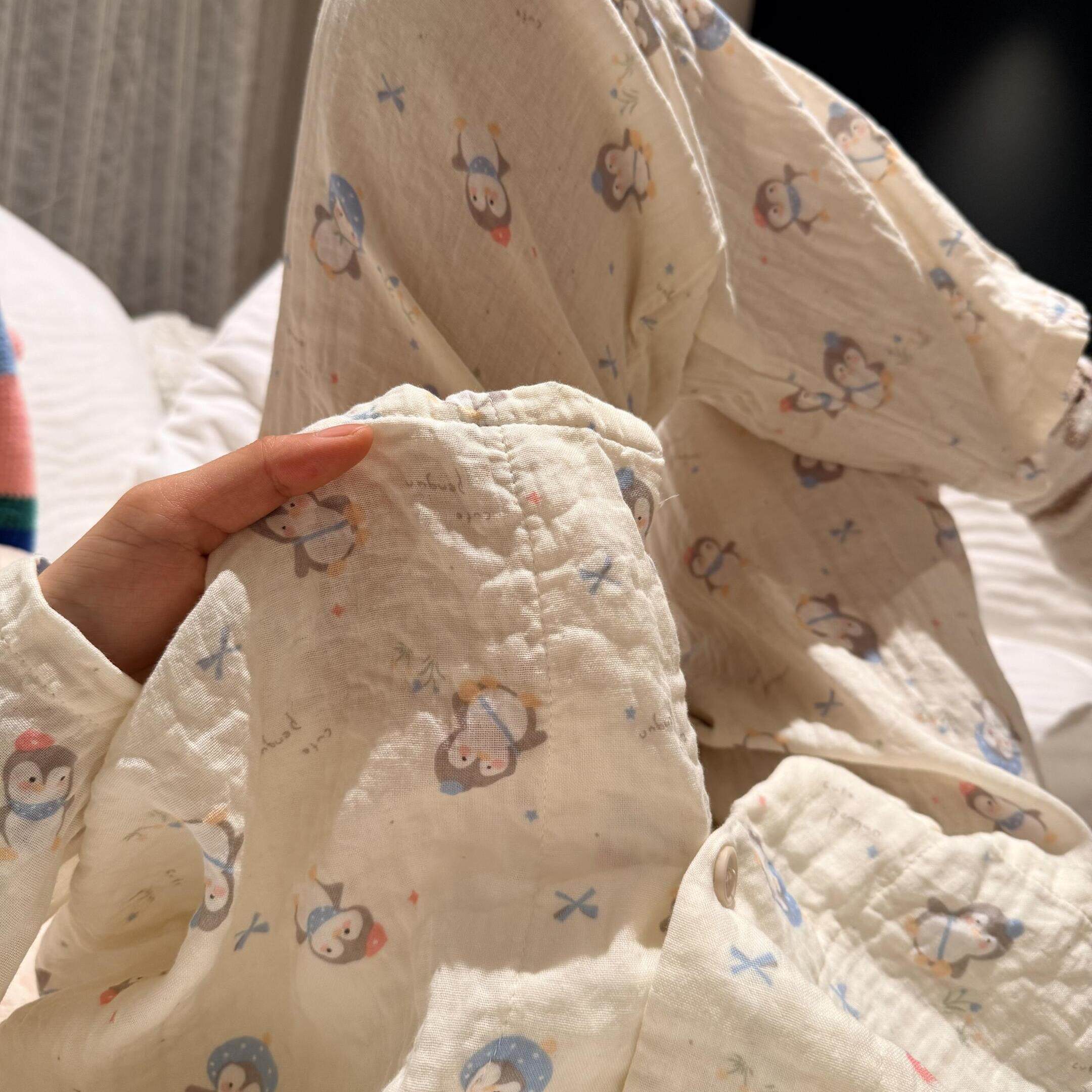 奶黄企鹅~春夏新款100%棉双层纱小翻领长袖长裤睡衣套装女家居服
