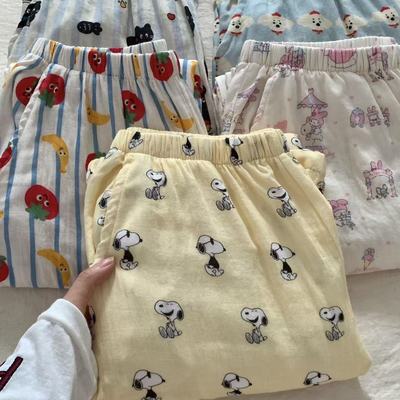 新品~睡裤a类纯棉双层纱布可爱卡通睡裤家居长裤有口袋可外穿遛弯