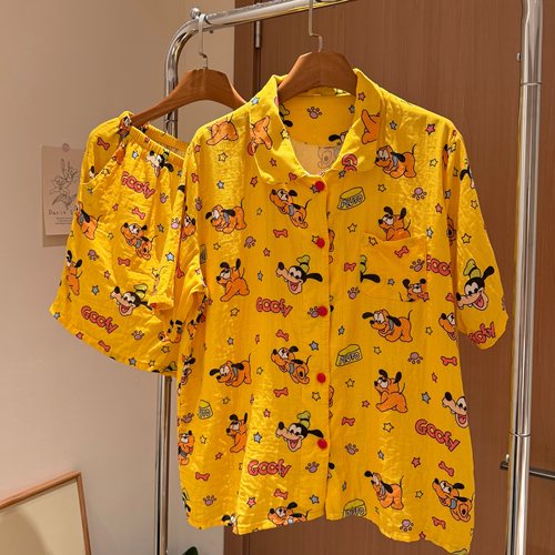 夏季新款可爱卡通小狗印花开衫睡衣女宽松亲肤家居服套装