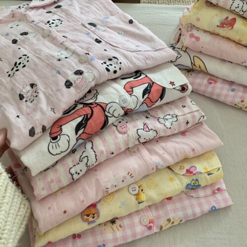 短袖长裤～A类全棉双层纱夏季新款小翻领家居服套装睡衣女