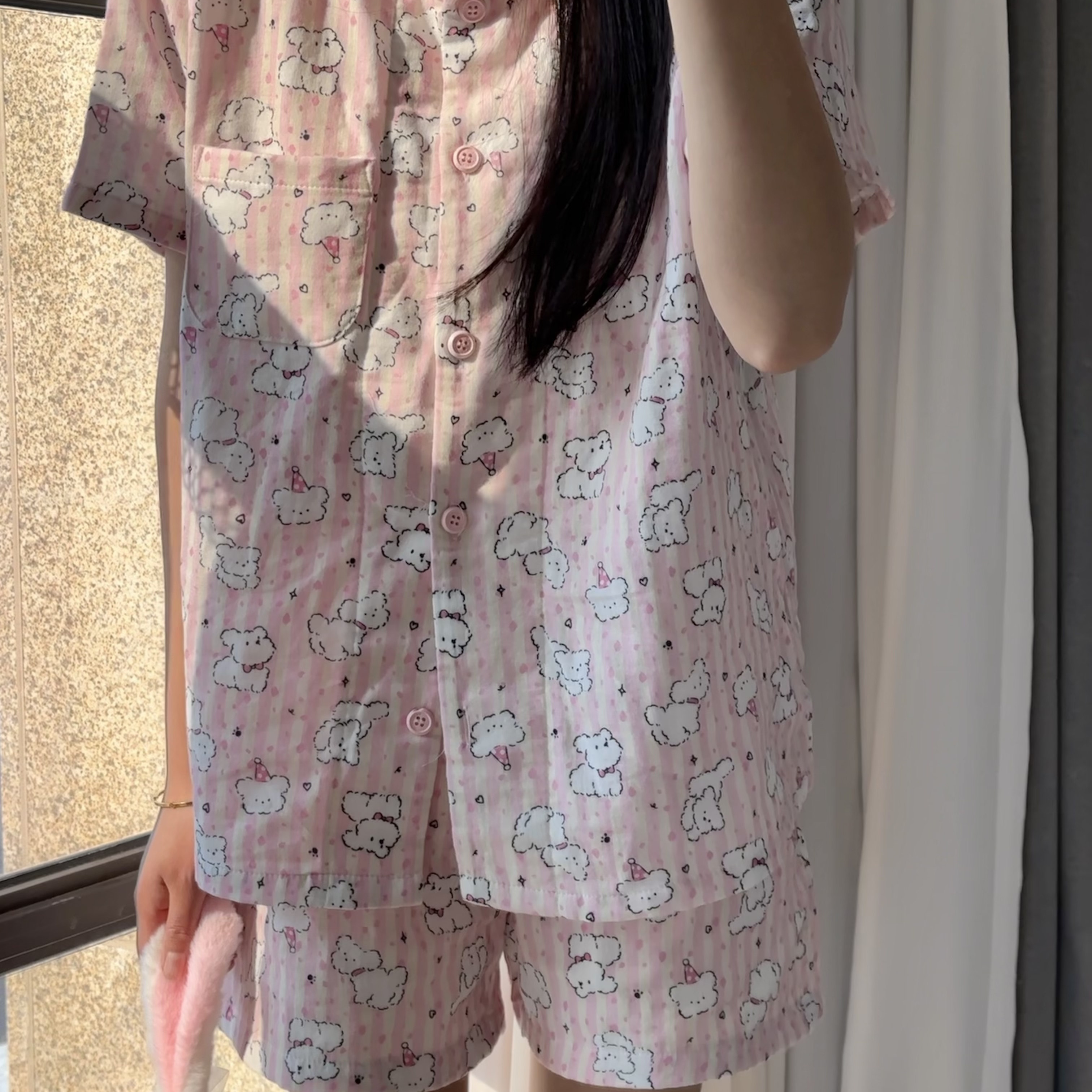 新品！纯棉双层纱粉条纹线条狗狗翻领短袖短裤套装可爱甜美可外穿,女士内衣/男士内衣/家居服,睡衣/家居服套装,淘宝优惠券,粉丝福利购,淘宝优惠卷