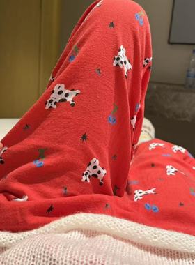 100%棉！！红底奶牛猫磨毛长裤印花睡裤女红色家居服