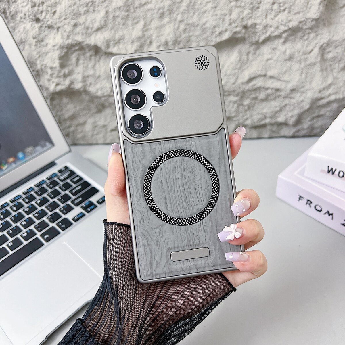 适用于三星S22ultra手机壳磁吸仿皮木纹二合一防摔S23ultra保护套亲肤微按键手机壳