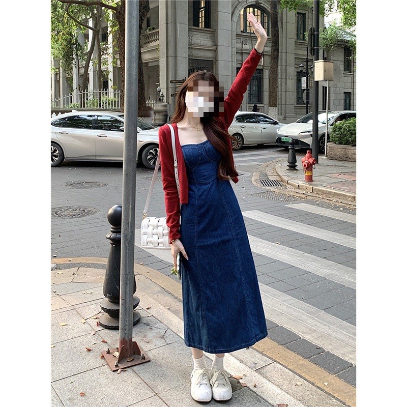 速发蓝款开叉牛仔吊带连衣裙新色复时辣妹风收腰古尚气质中长裙
