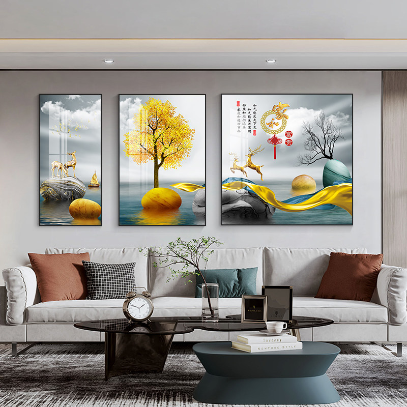 速发北厅三饰画简装沙发背景墙挂画轻奢大气组合墙画约联壁画