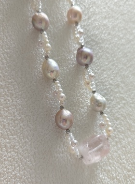 原创设计手作天然无优化粉水晶巴洛克稀有金属粉珍珠小众项链女