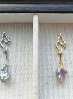 SOTC原创设计炫彩keshi海水巴洛克s925纯银小众熔岩天然珍珠耳坠