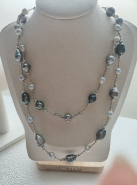 原创设计天然海水大溪地螺纹铂金灰长款项链女小众高级感女毛衣链