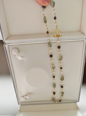 原创设计天然无优化绿水晶茶晶淡水珍珠项链女小众高级感女毛衣链