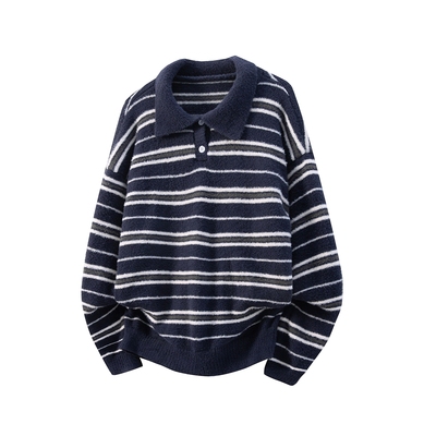 老钱风仿貂毛条纹polo领毛衣男女秋冬高级感痞帅慵懒风针织衫外套