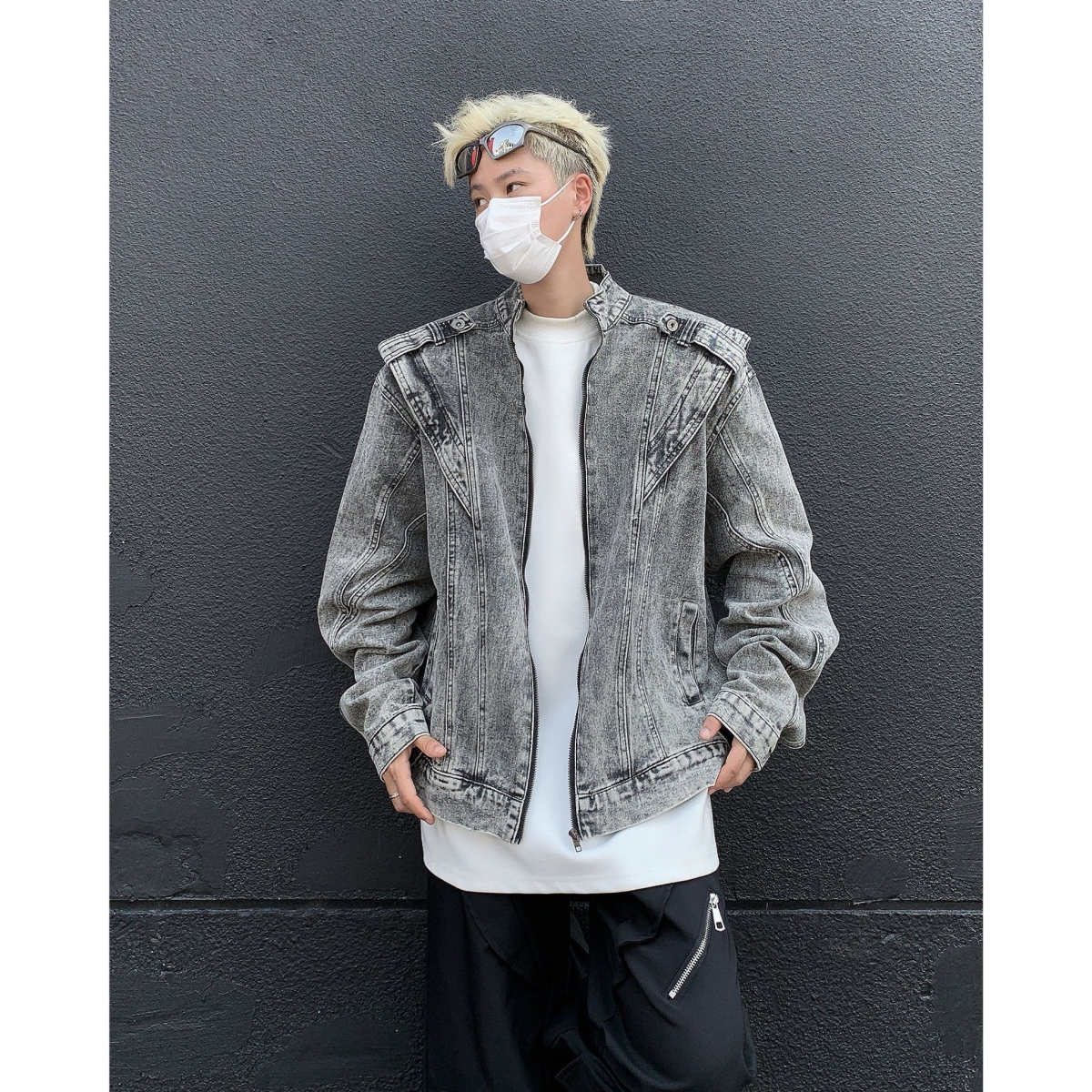 美式复古重工拼接短款牛仔外套潮牌欧美街头cleanfit机车服夹克男