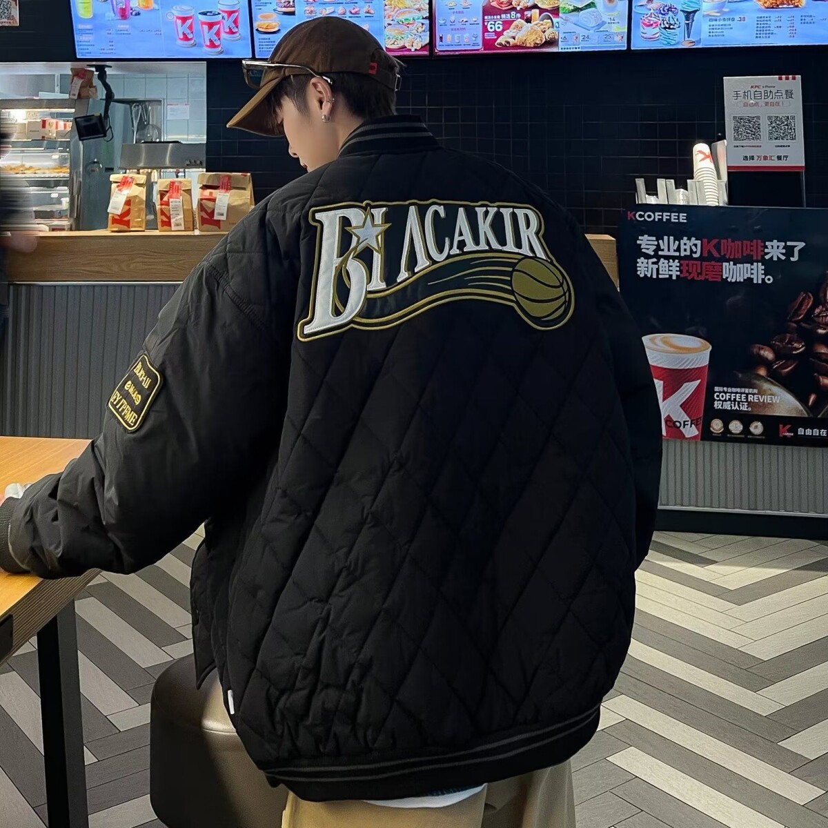 美式字母刺绣菱形格棒球棉服男士冬季时尚痞帅hiphop宽松百搭棉衣
