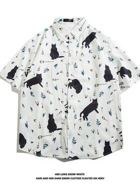 TRING猫咪美式复古卡通IN短袖花衬衫男女夏威夷日系泰国沙滩