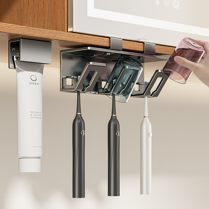 镜柜下牙刷置物架卫生间壁挂式漱口杯刷牙杯子收纳倒挂牙膏夹套装