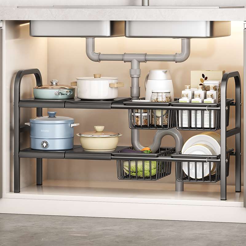 厨房可伸缩下水槽置物架橱柜内多功能储物锅具收纳架厨子分层神器