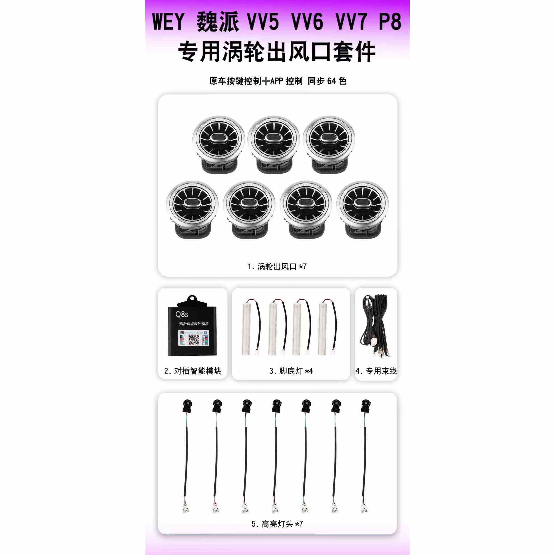 长城VV5 VV6 VV7专用涡轮出风口P8全车幻彩流水氛围灯氛围灯