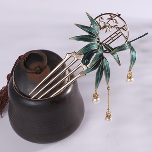 非遗手工中国风古典汉服旗袍蚕丝绒花绿色小竹叶复古发簪子头饰品