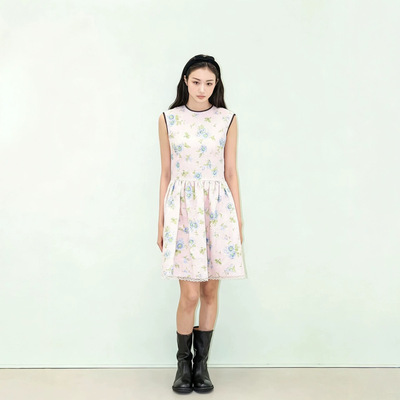 李佳元同款粉色碎花无袖连衣裙夏季新款少女风收腰显瘦中长款女装