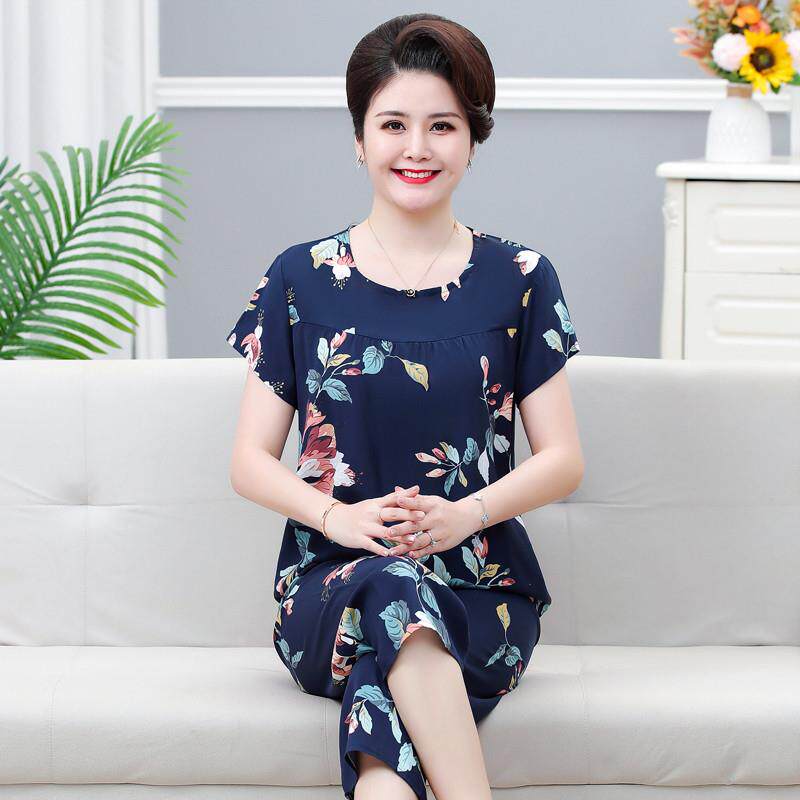 新款中老年睡衣女夏天棉绸套装短袖七分裤妈妈装家居服两件套人棉