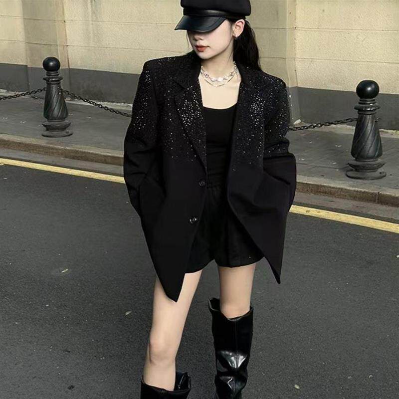 高级感重工西装外套女春秋新款宽松百搭设计感满天星烫钻西服上衣