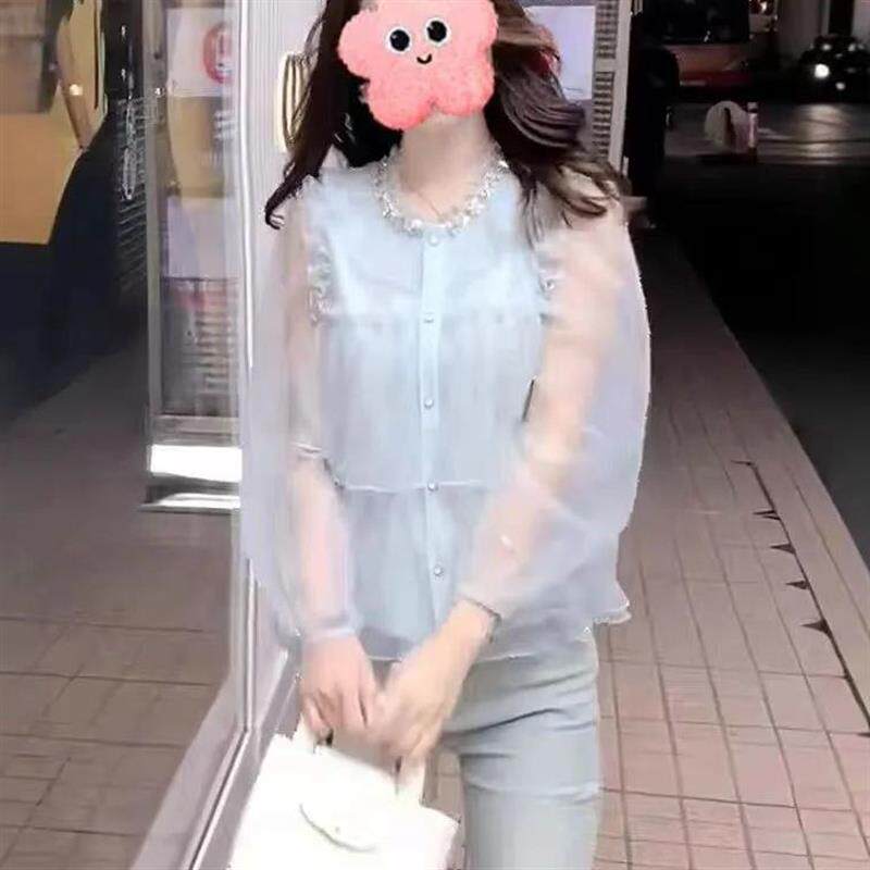 重工钉珠荷叶边雪纺衫女2026年春秋新款宽松百搭气质减龄甜美上衣