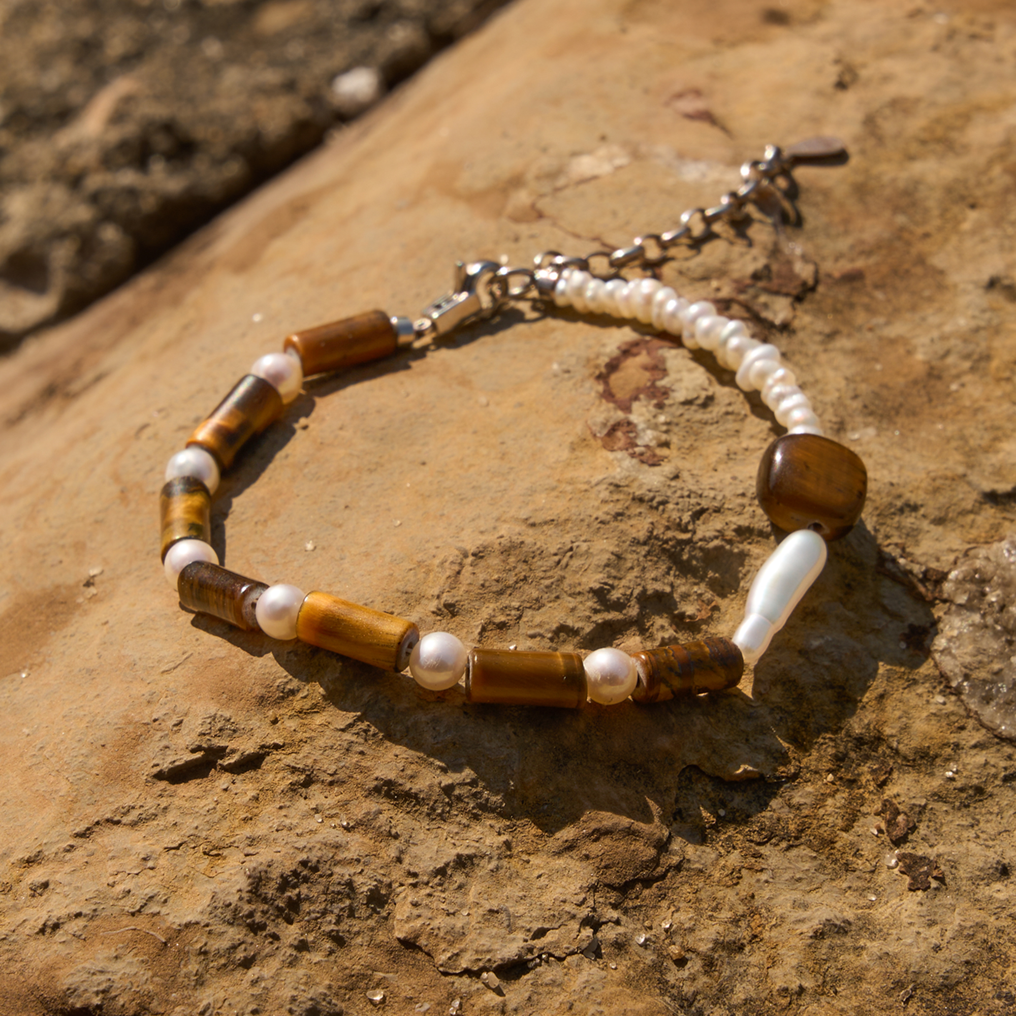 柔和清晰925银虎眼石淡水珍珠