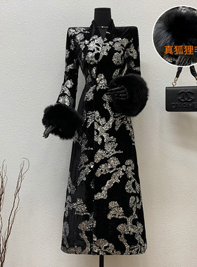 黑色冬季狐狸毛袖口超长款大衣女士重工刺绣亮片加棉加厚立领棉服
