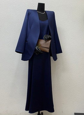 藏蓝色醋酸缎女士休闲宽松西服上衣春秋新品气质收腰职业西装外套