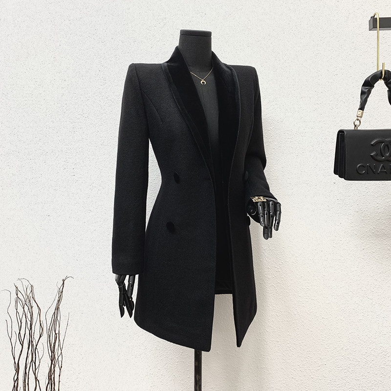 冬季加棉挡风保暖黑色毛呢西装外套女士中长款修身拼接领呢子大衣