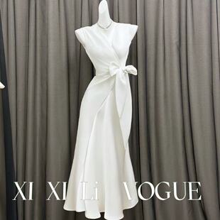 纯白色女士长款夏季连衣裙高腰修身显瘦时尚百搭醋酸缎绑带裙子潮