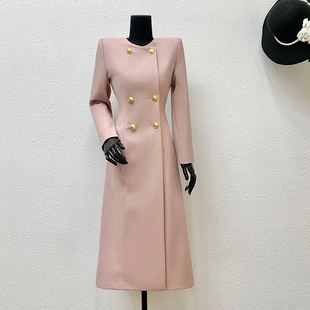 外套女 双排扣圆领修身 女神范OL职业通勤粉色长款 条纹风衣春秋新品