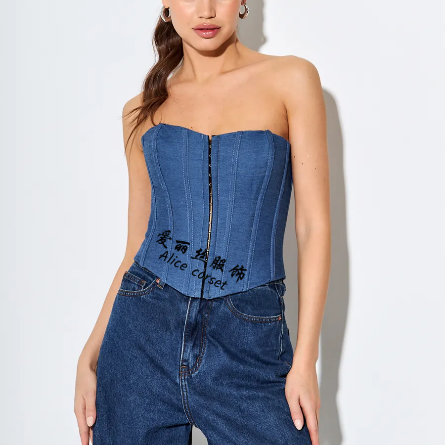 欧美牛仔抹胸束身衣复古风紧身衣鱼骨塑形上衣外穿辣妹束腰corset