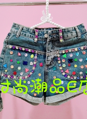 E00348设计款时尚潮牌重工定制满夭星镶钻欧美风网红个性牛仔短裤
