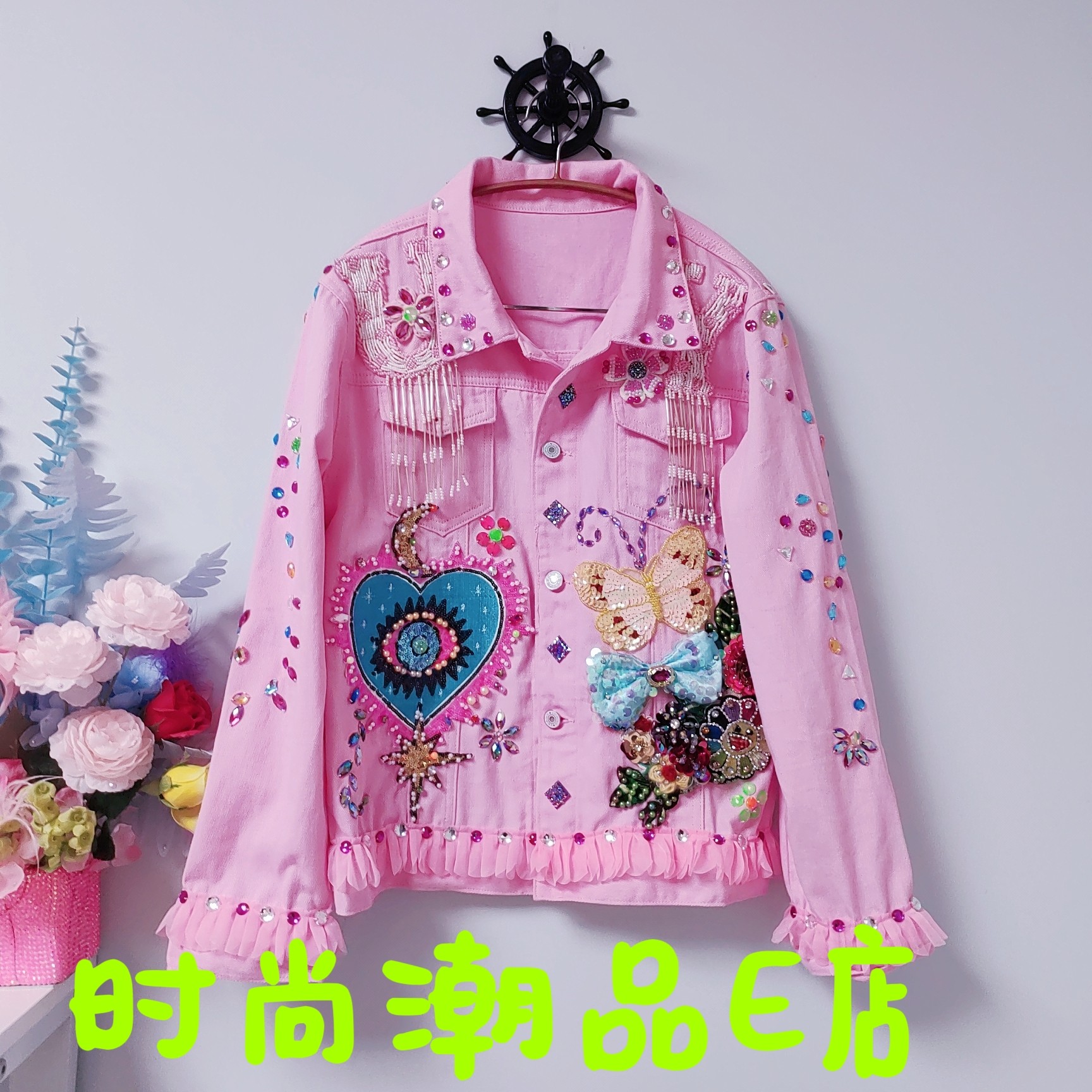 E00695 设计款时尚潮牌欧美范网红达人定制个性炸街粉牛仔外套