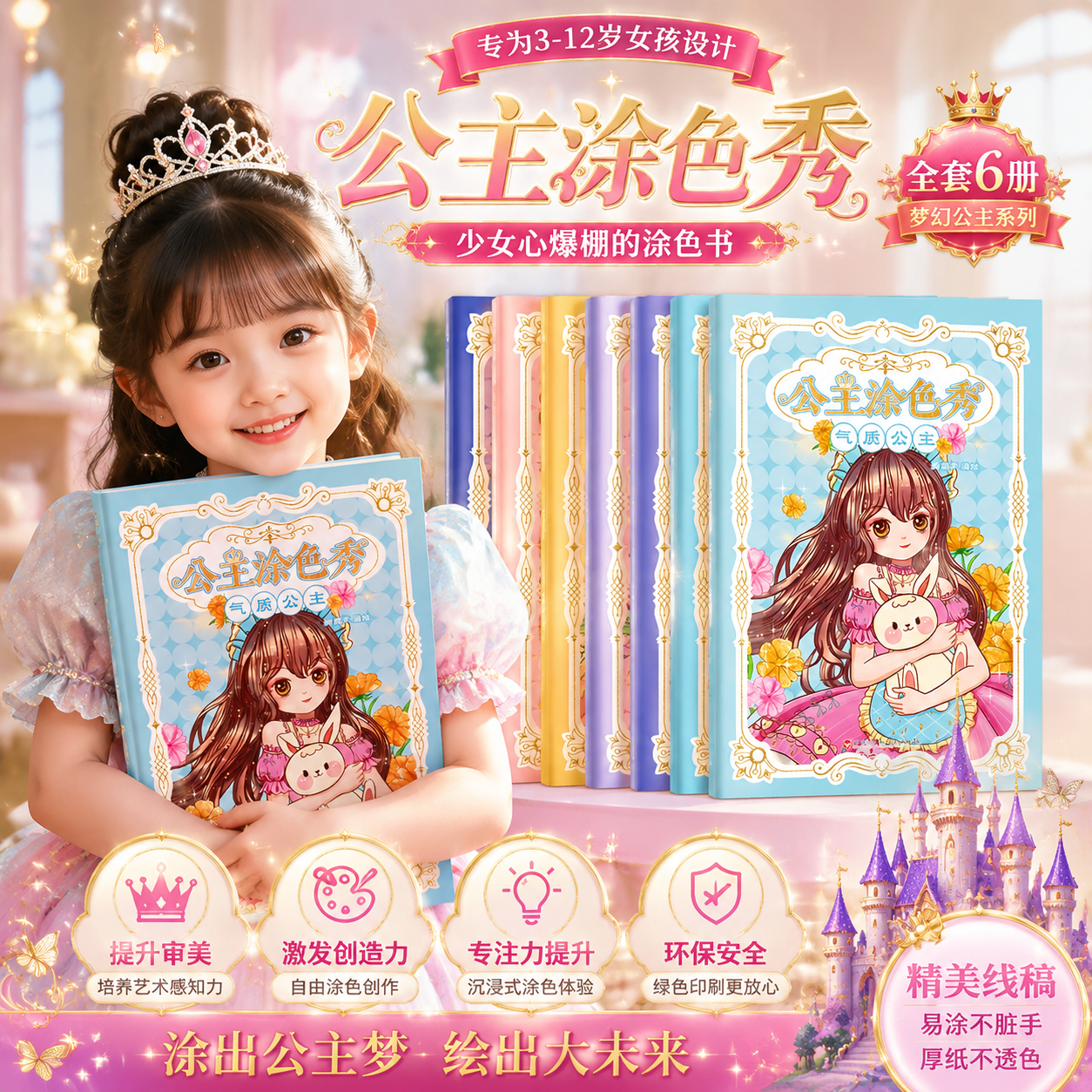 公主涂色秀 全6册 公主涂色画画本填色绘本涂鸦图画书儿童二次元美少女孩3-6-8岁小学生儿童绘画启蒙