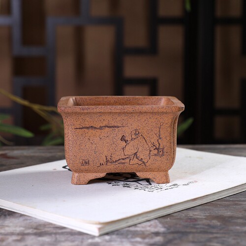 『抽角深长方柴烧』暖暖精选紫砂花盆手工桌面绿植盆栽菖蒲中国风