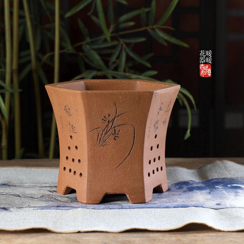 收腰六方大号兰花盆精品紫砂盆景盆绿植花卉手工刻绘中式室内桌面