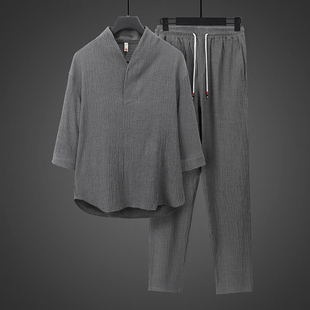 t恤男士 短袖 夏季 新中式 唐装 薄款 宽松大码 两件 冰丝垂感中国风男装