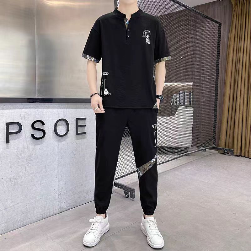 2025夏季中国风复古薄款冰丝套装男士中年运动套装宽松透气两件套