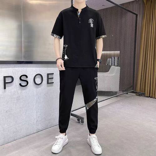 2025夏季中国风复古薄款冰丝套装男士中年运动套装宽松透气两件套
