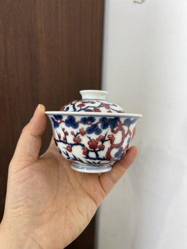 景德镇勤义堂青花釉里红松竹梅 二才 盖碗全手工手绘景德镇陶瓷