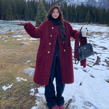 韩版时尚中长款酒红色皮毛一体大衣女2025年冬季新款加厚显瘦棉服，女装羊羔毛/颗粒绒，柏妮丝绮