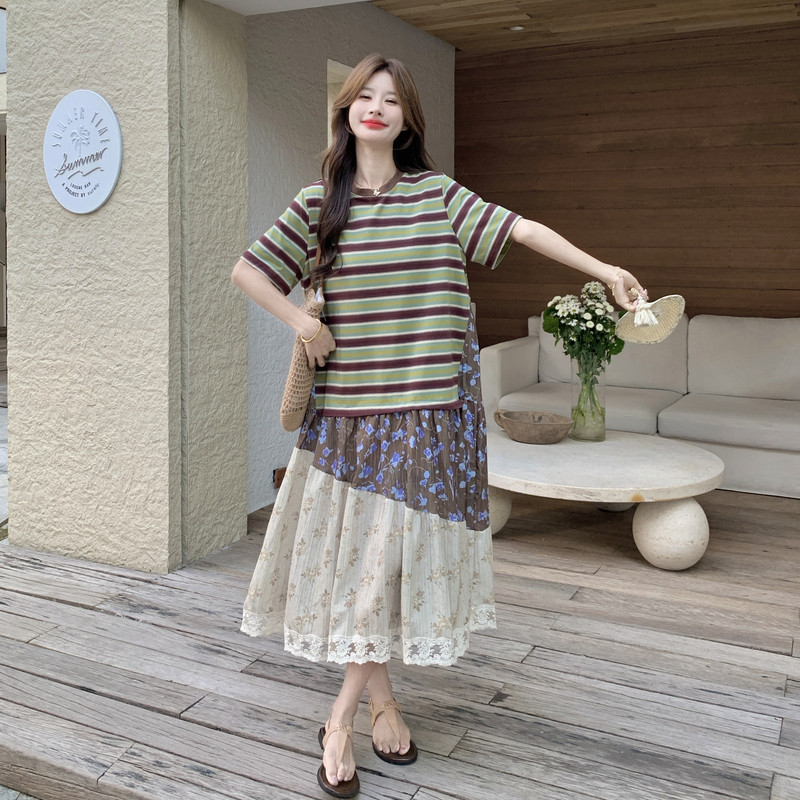 【新款】碎花条纹拼接连衣裙2C060-2629-P135-K218,女装连衣裙,柏妮丝绮