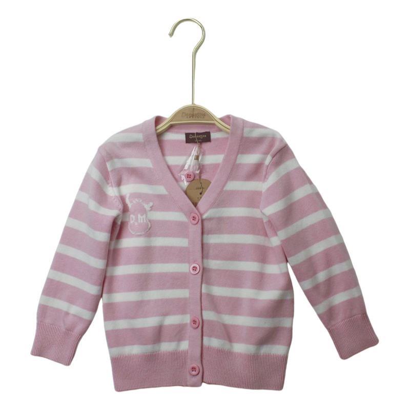 德蒙斯特童装女童针织毛衣休闲开衫卡通春秋幼童V领条纹纽扣外套