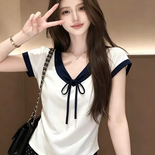 老钱风大码女装胖mm夏季新款气质减龄法式温柔蝴蝶结系带短袖T恤