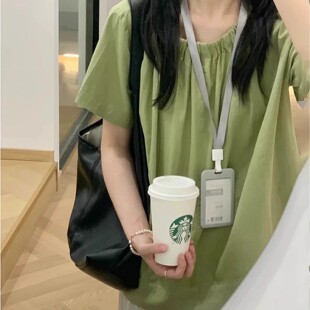 2026夏季法式设计感绿色短袖衬衫女夏后背纽扣娃娃衫衬衣罩衫上衣