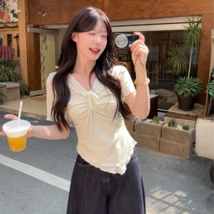 老钱风大码女装胖mm夏季简约设计感波点正肩短袖T恤收腰显瘦上衣