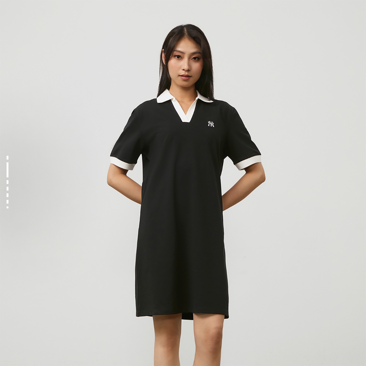 MLB 撞色休闲Polo领直筒短袖连衣裙 女款 黑色3FOPB0343-50BKS